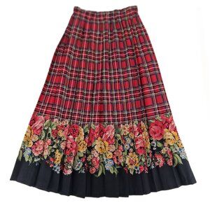 Marisa Christina Classics Vintage Rayon Plaid Floral Border Pleated Midi Skirt S